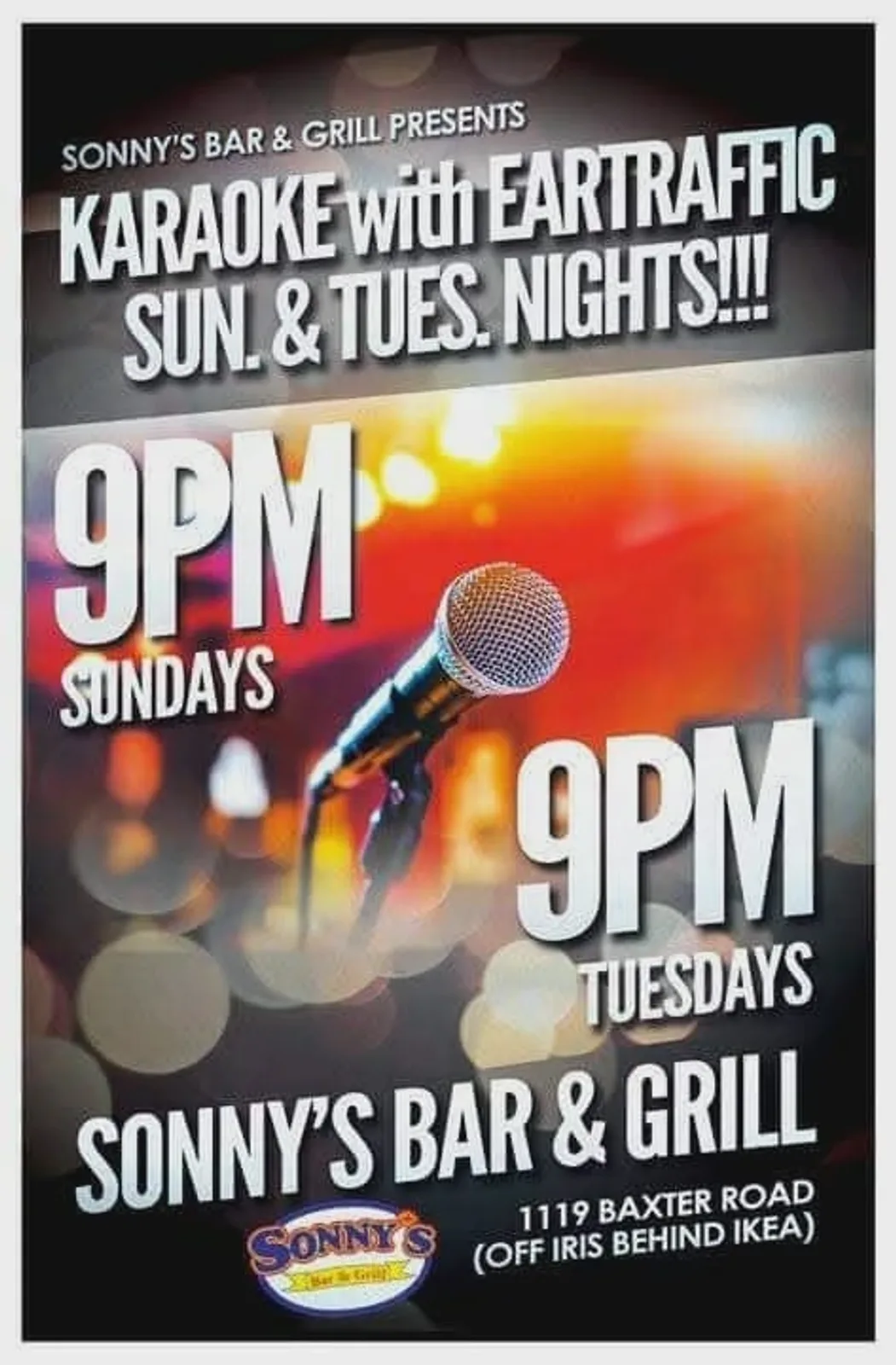 Cartel de Karaoke at Sonny's Bar and Grill con Ear traffic Karaoke — en Sonny's Bar & Grill en Ottawa, Canadá, Cada domingo a las 20:00