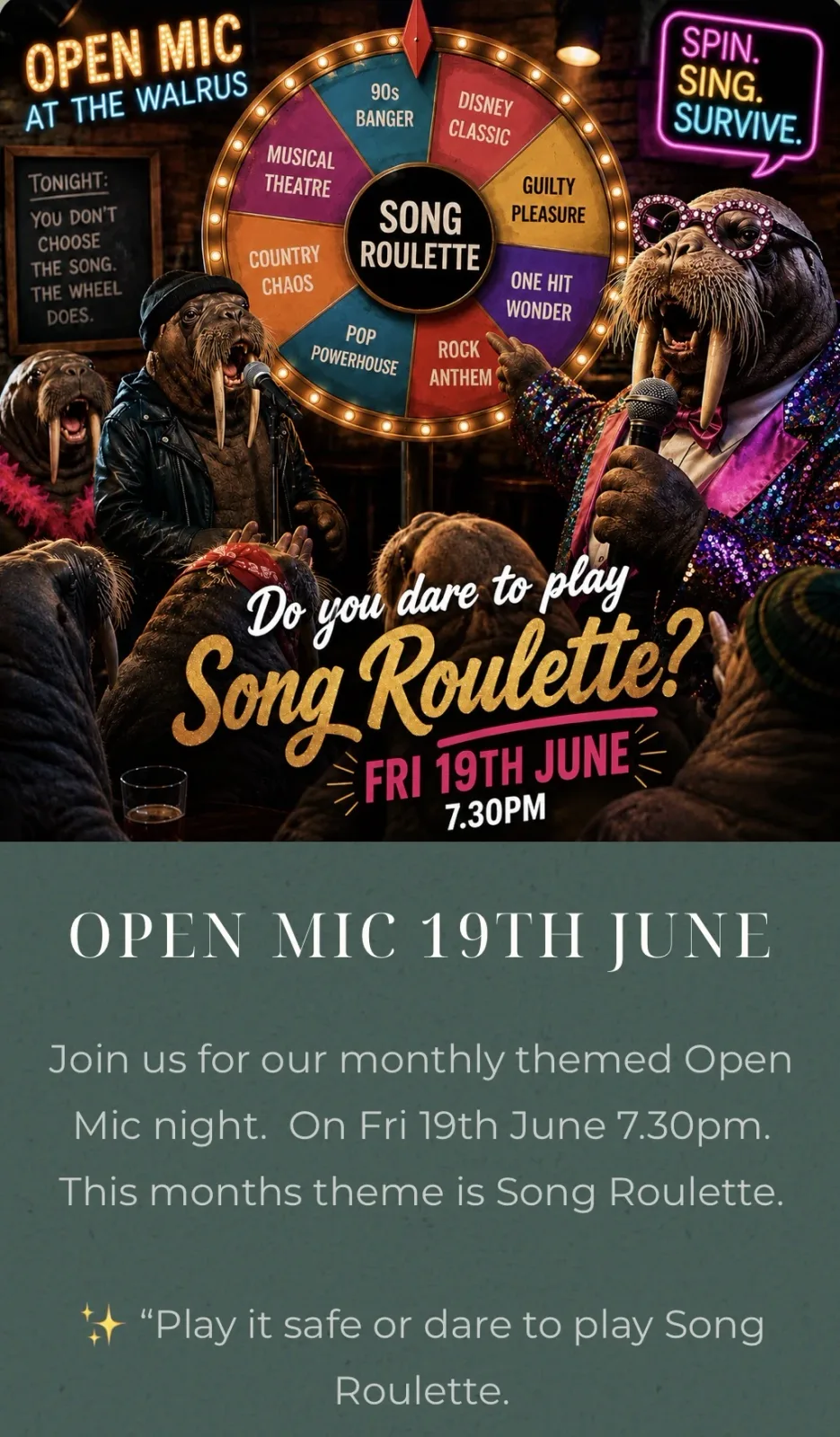 Open Mic Night With Alex flyer — at The Stuffed Walrus, a bar in London, United Kingdom, 2nd Friday of every month at 7:30 PM