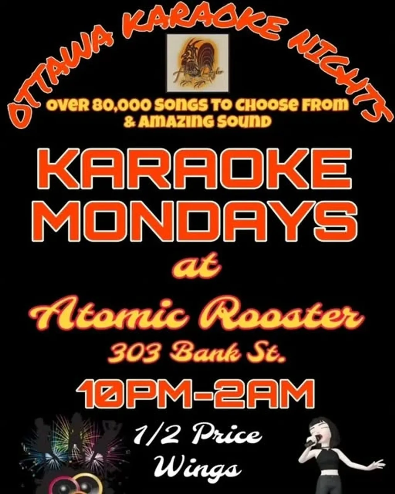 Cartel de Karaoke los lunes con Ottawa Karaoke Nights Co. — en Atomic Rooster en Ottawa, Canadá, Cada lunes a las 22:00