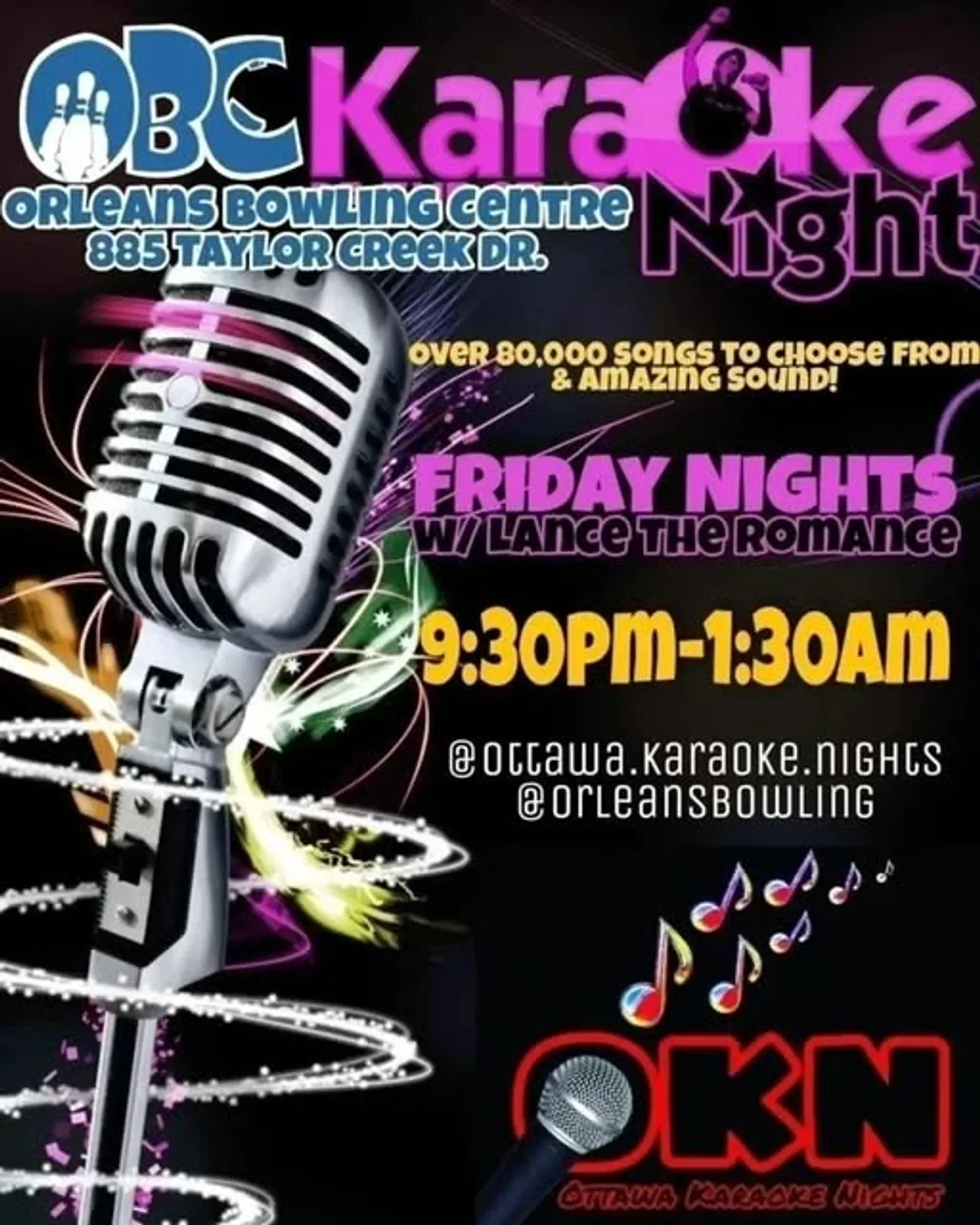Cartel de OBC Karaoke nights con Ottawa Karaoke Nights Co. — en Orleans Bowling & Strikers Billiards, un centro de ocio en Ottawa, Canadá, Cada viernes a las 21:30