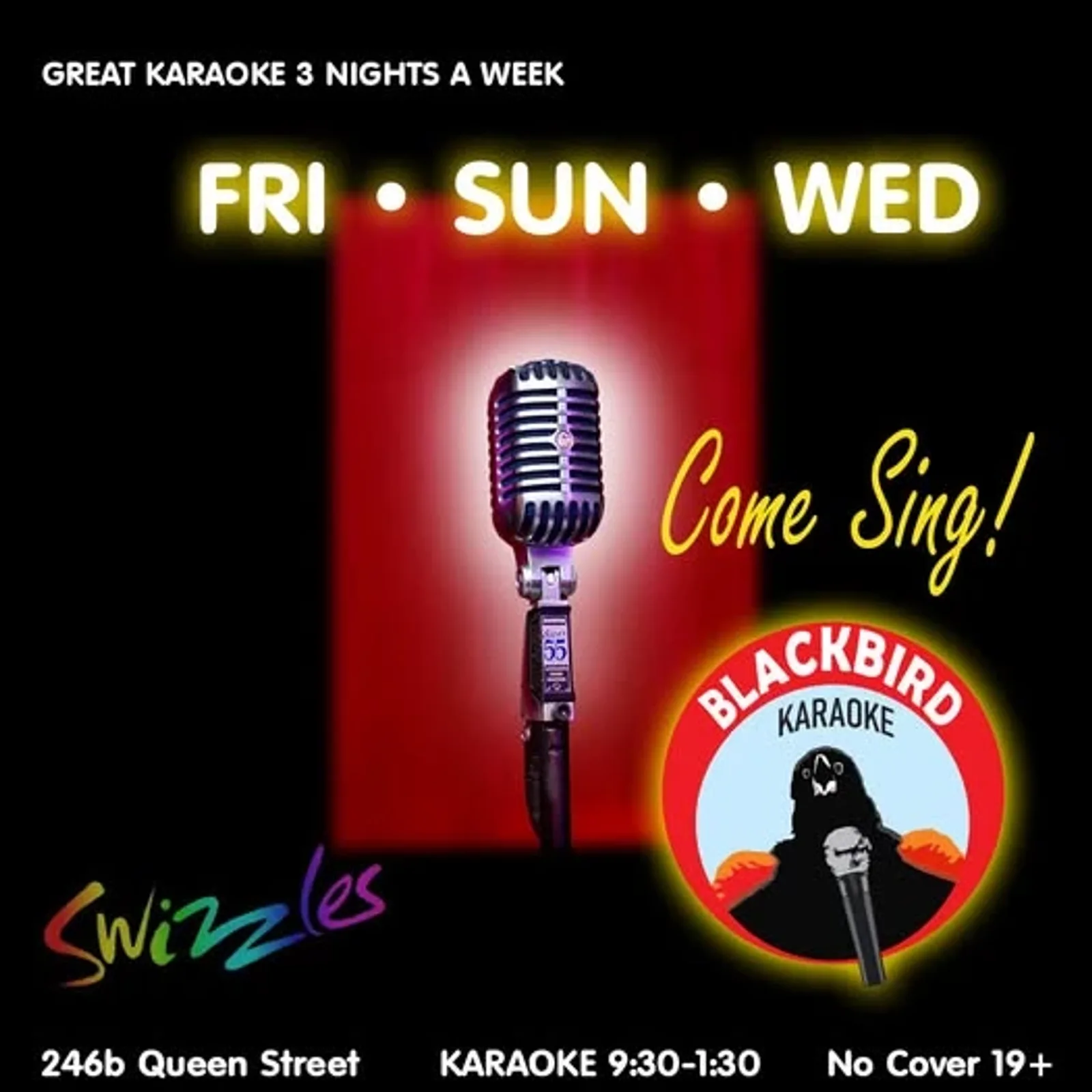 Cartel de Karaoke los domingos con Blackbird Karaoke — en Swizzles, un bar en Ottawa, Canadá, Cada domingo a las 21:30