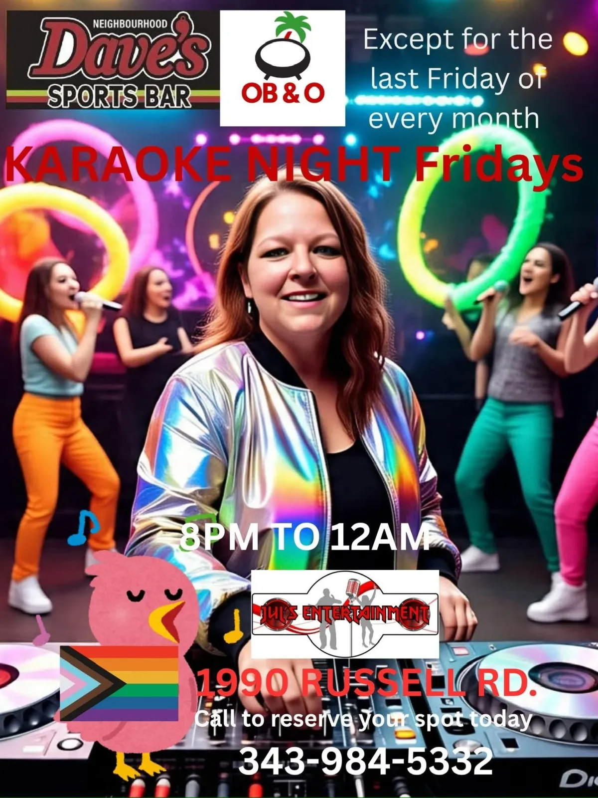 Cartel de Karaoke Night Fridays with Jul's Entertainment — en Dave's Sports Bar, un bar en Ottawa, Canadá, Cada viernes a las 20:00