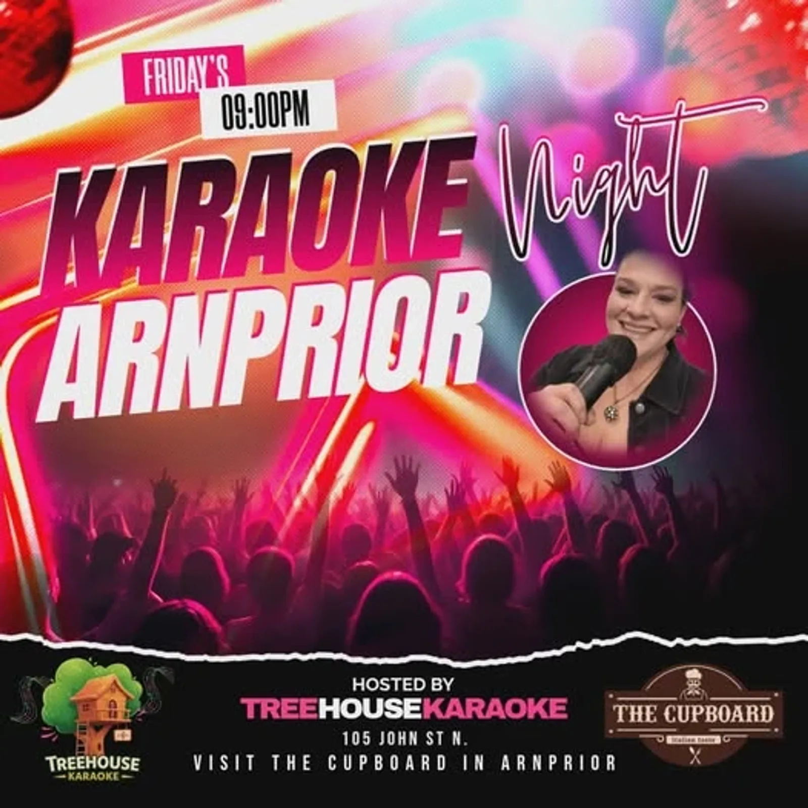 Flyer für Karaoke Freitag mit Treehouse Karaoke — im The Cupboard in Arnprior, Kanada, Jeden Freitag um 21:00