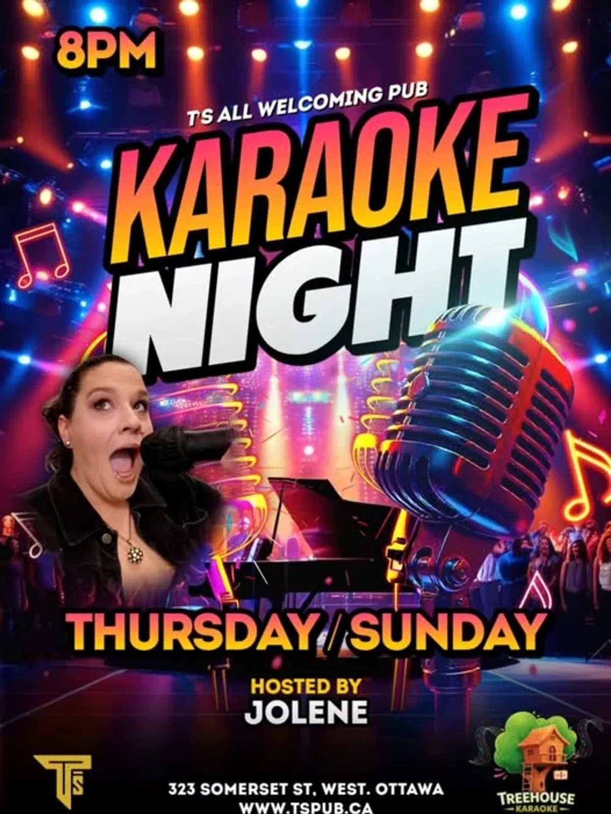 Cartel de Karaoke los domingos con Treehouse Karaoke — en T'S Pub en Ottawa, Canadá, Cada domingo a las 20:00