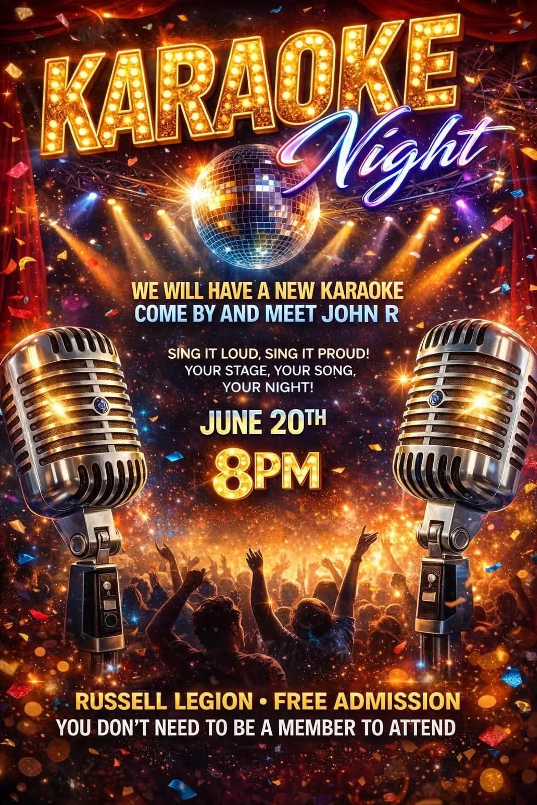A flyer advertising Karaoke Night — at Royal Canadian Legion #372 - Russell, ON, a community space in Russell, Canada, on Sat, Jun 20 at 8:00 PM