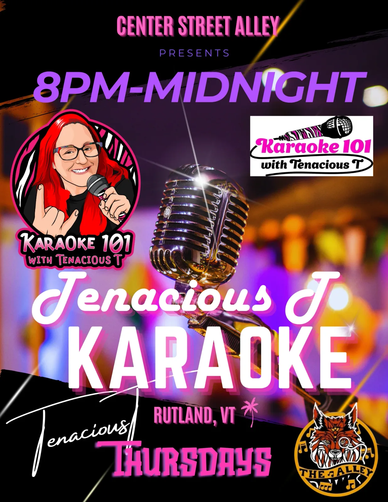 A flyer advertising Thursday Karaoke — at Center Street Alley in Rutland, United States, Every Thursday at 8:00 PM