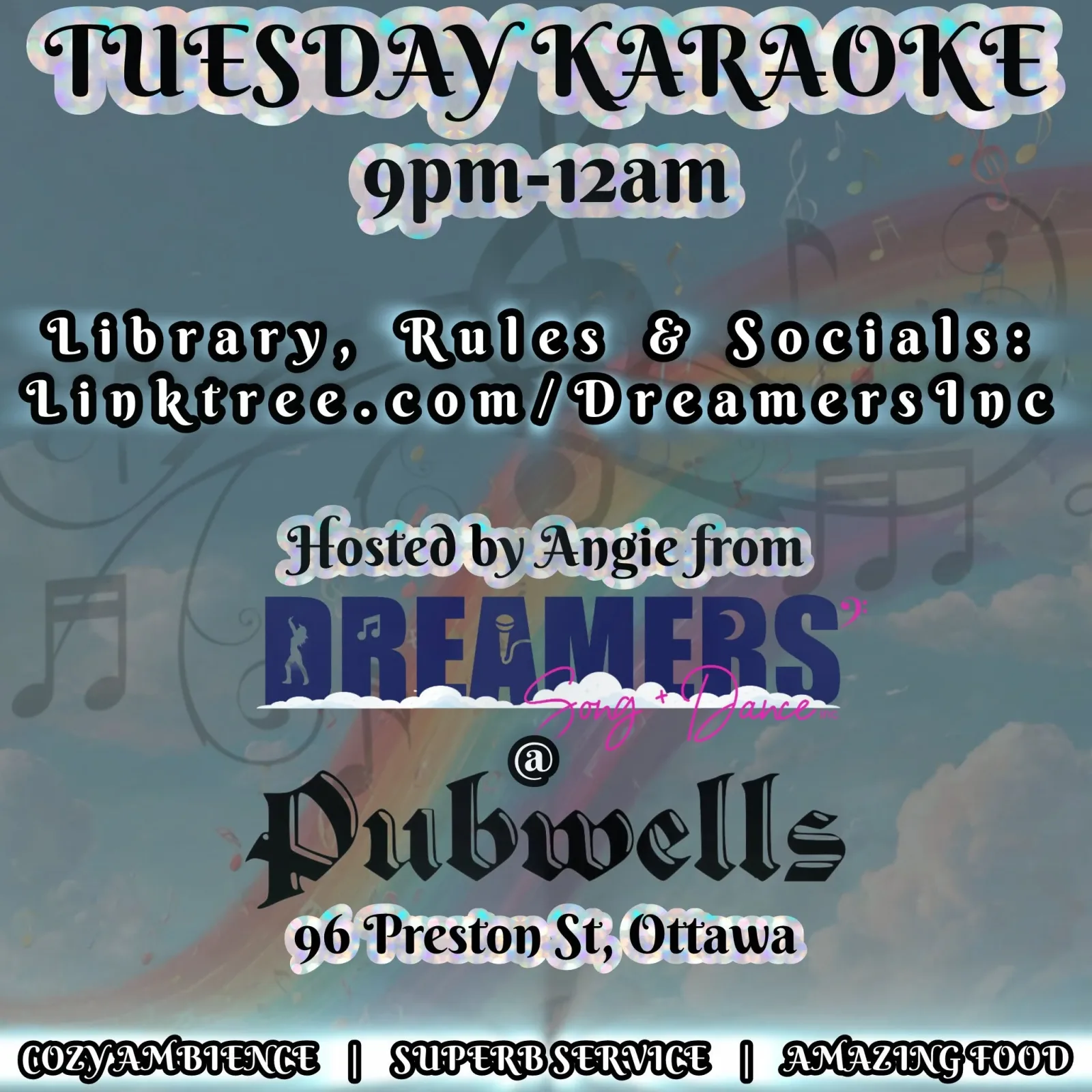 Cartel de Karaoke los martes con Dreamers' Song and Dance Inc. — en Pubwells on Preston St en Ottawa, Canadá, Cada martes a las 21:00