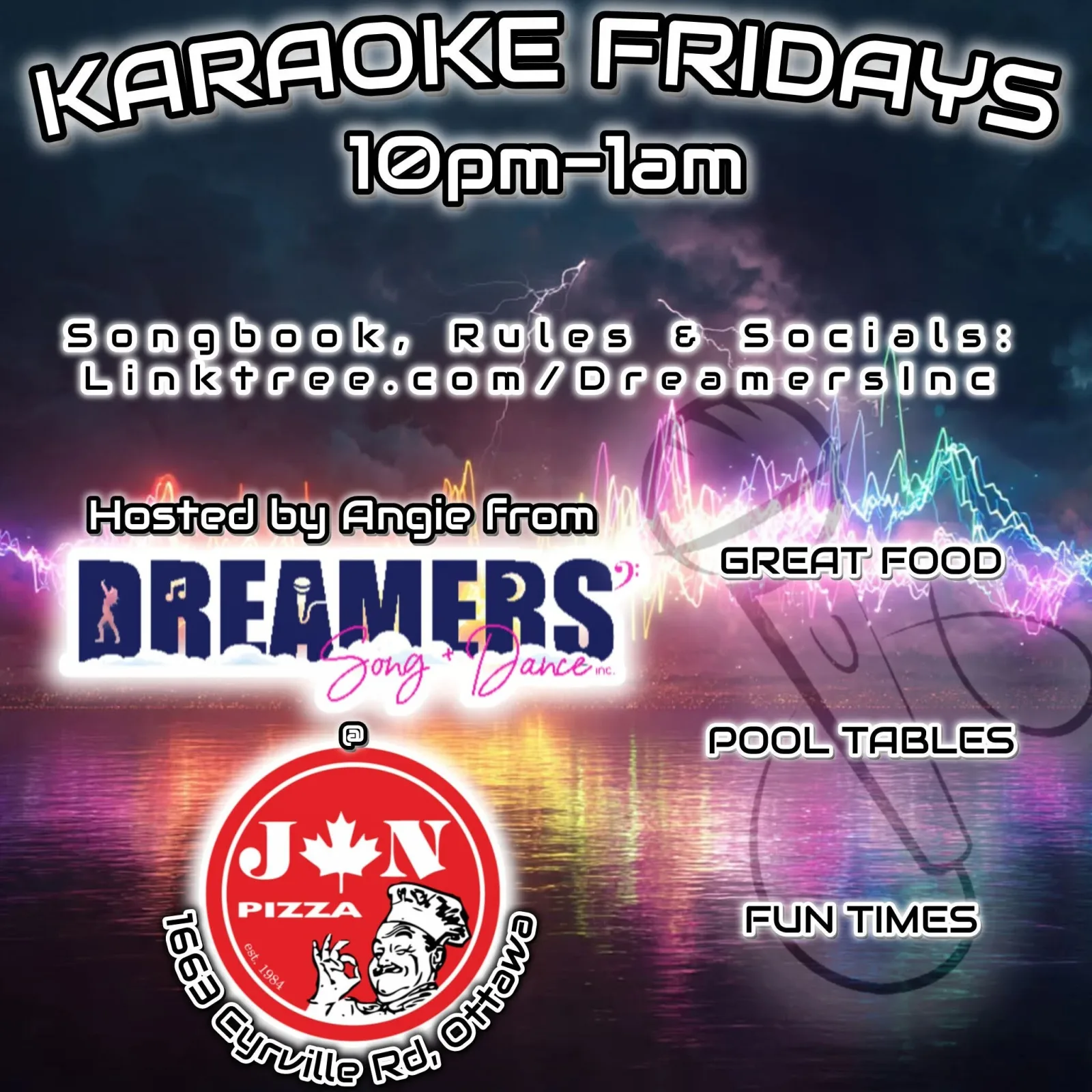 Cartel de Karaoke los viernes con Dreamers' Song and Dance Inc. — en JN Pizza en Gloucester, Canadá, Cada viernes a las 22:00