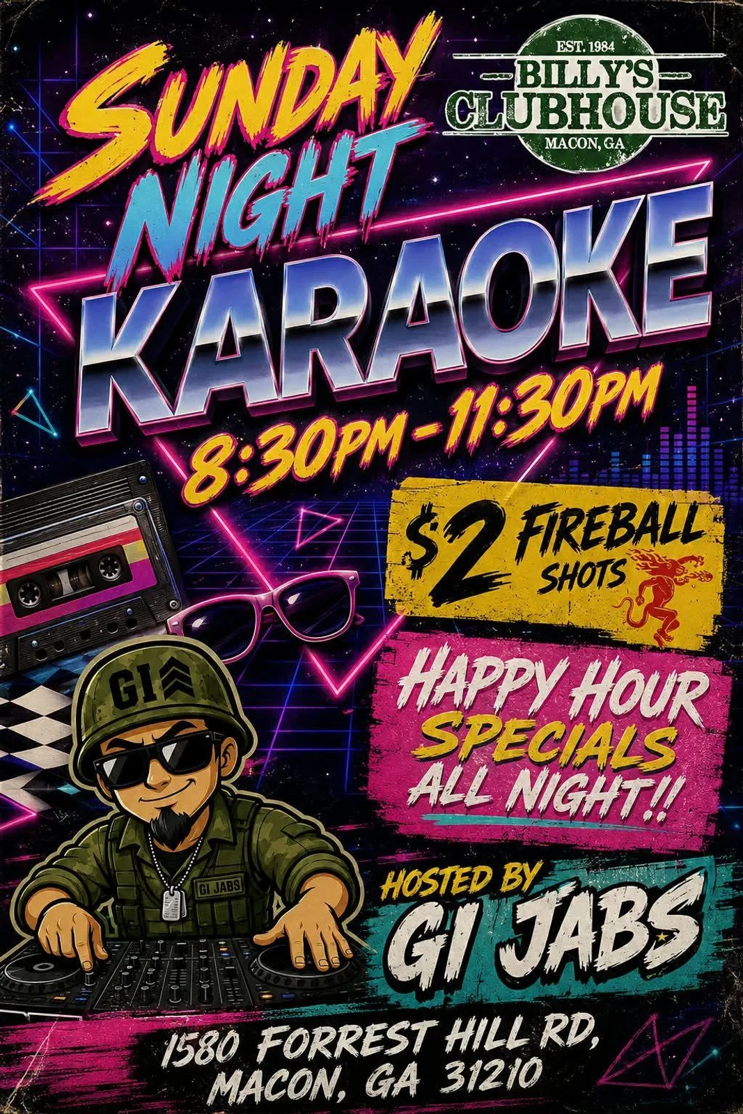 Sunday Karaoke With GI Jabs flyer — at Billy's Clubhouse in Macon, United States, Every Sunday at 8:30 PM