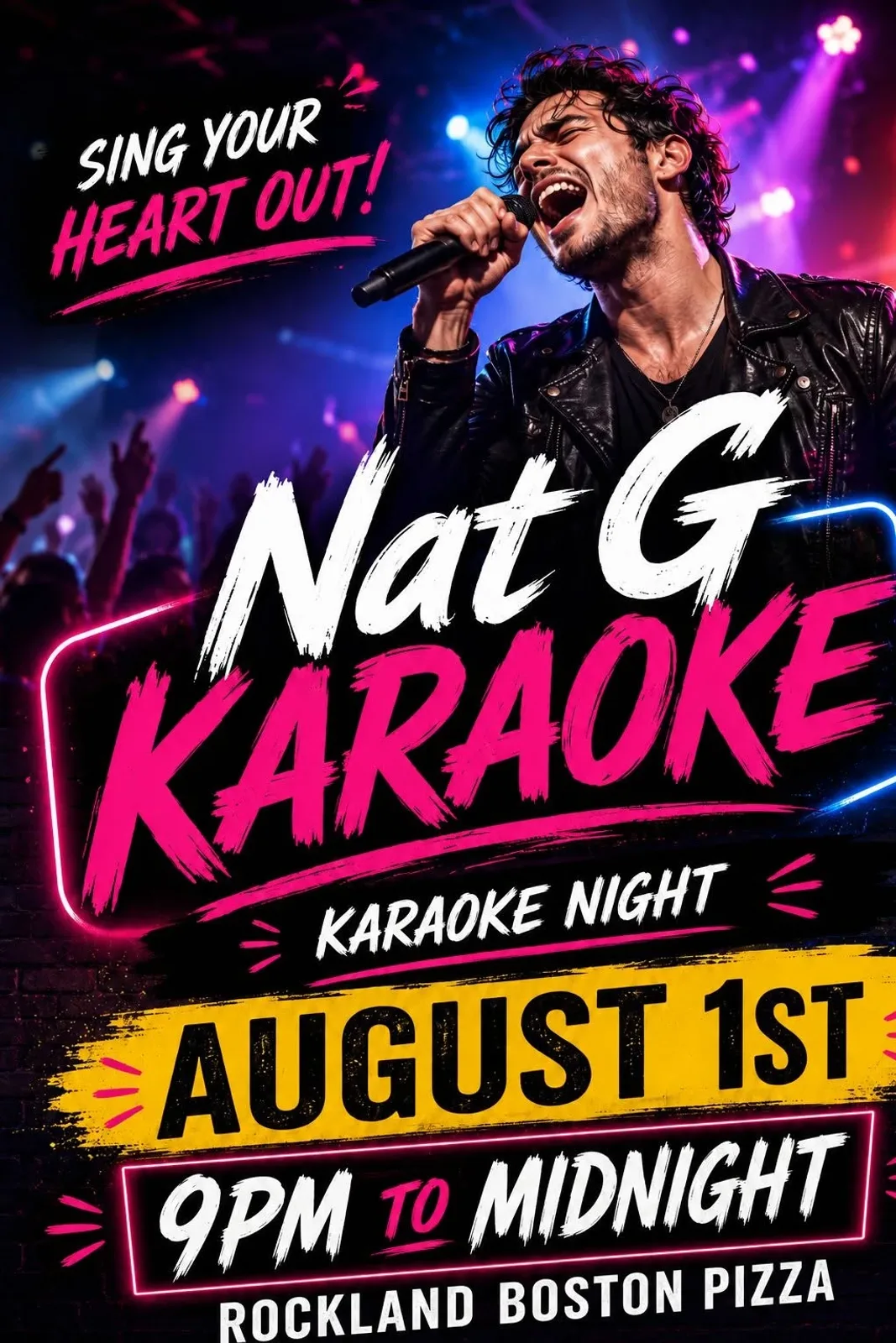 A flyer advertising Karaoke night With Nat G Karaoke — at Boston Pizza - Rockland, a restaurant in Rockland, Ontario, Canada, on Sat, Aug 1 at 8:00 PM