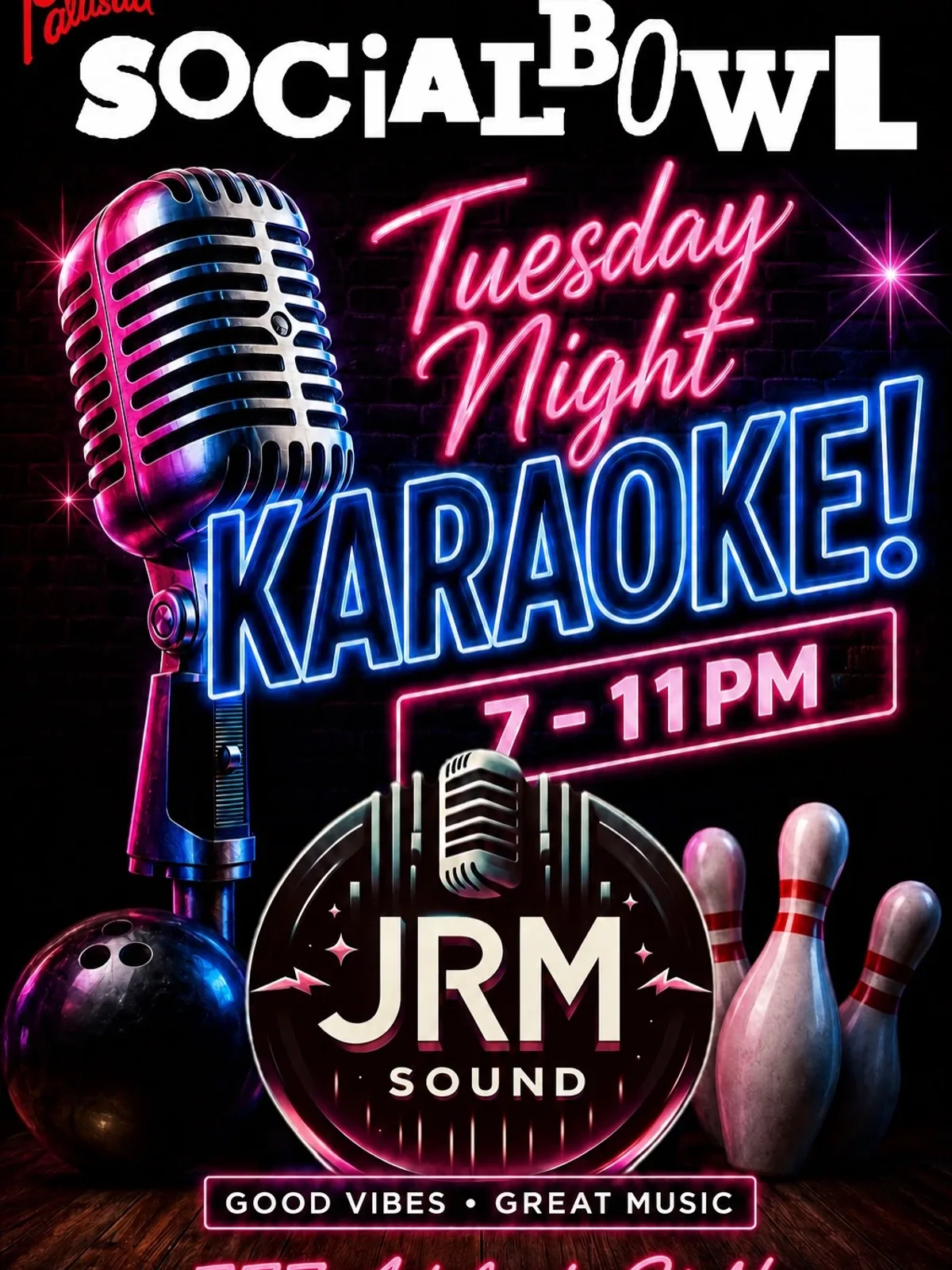 Affiche de Karaoké du mardi avec JRM Sound — au Palasad SocialBowl, un bar Ã  London, Canada, Chaque Mardi Ã  19h00