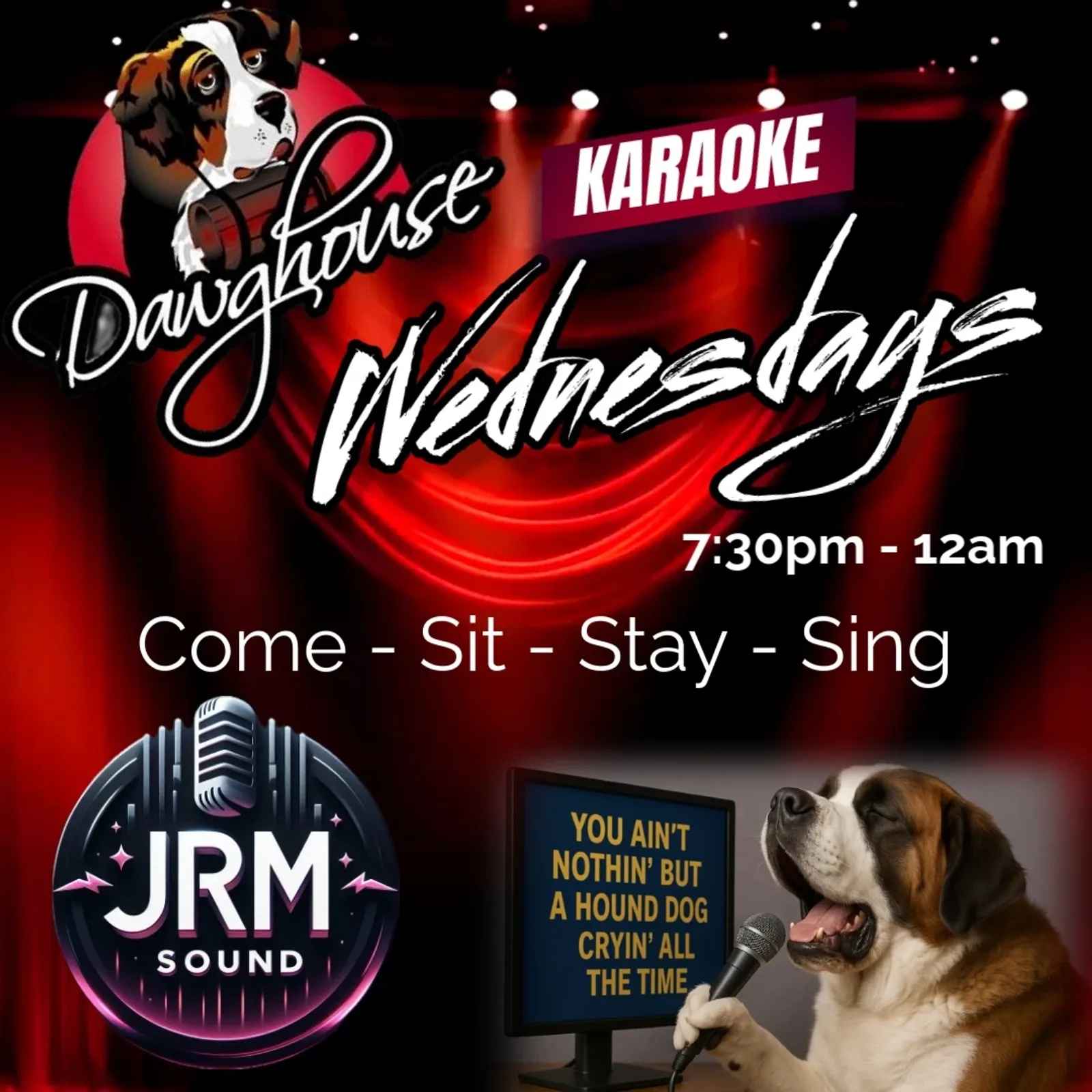 Cartel de Karaoke los miércoles con JRM Sound — en The Dawghouse Pub & Eatery, un bar en London, Canadá, Cada miércoles a las 19:30