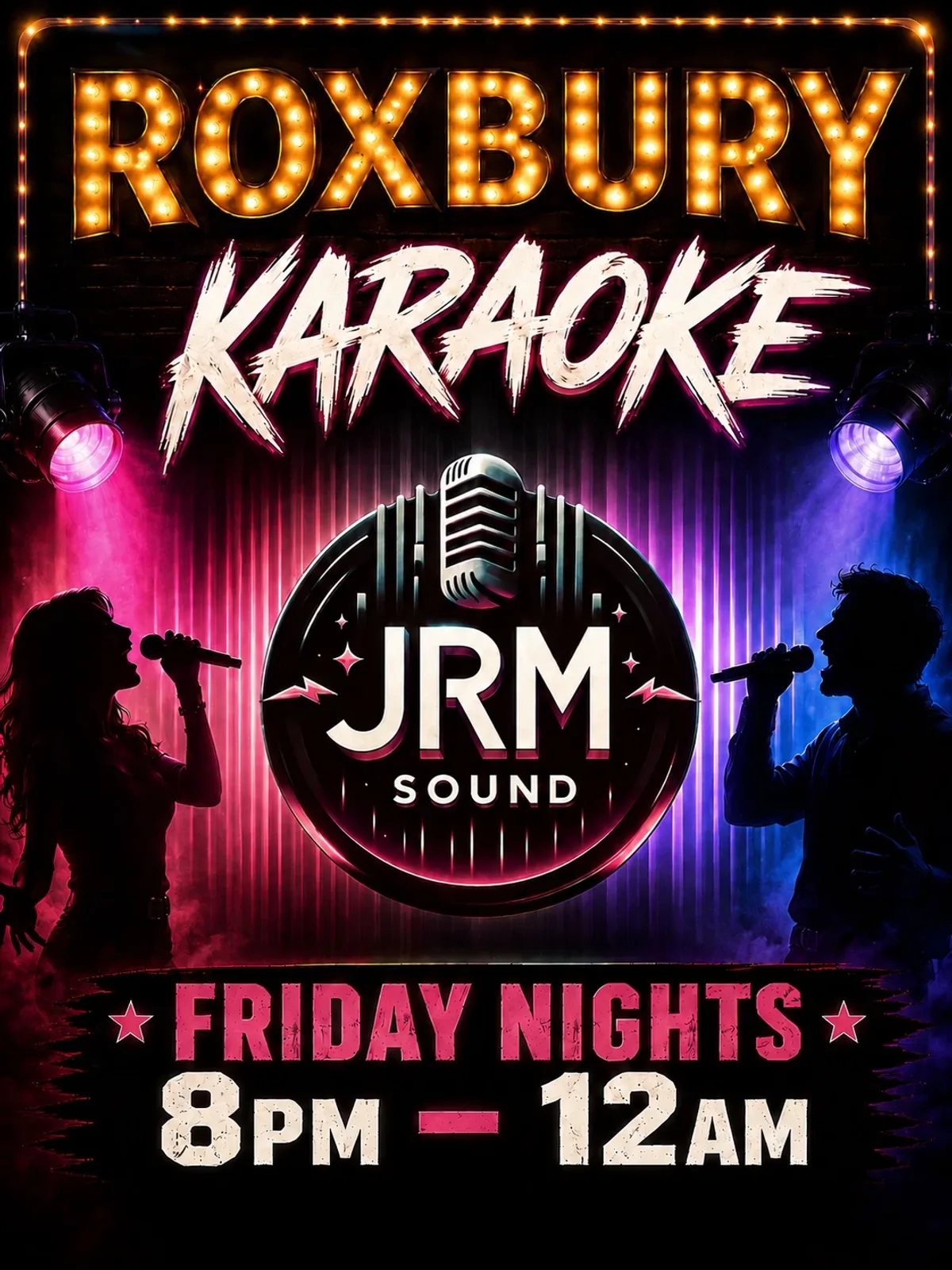 Affiche de Karaoké avec JRM Sound — au Roxbury Pub & Grill, un bar Ã  London, Canada, Chaque Vendredi sauf le cinquième Ã  20h00