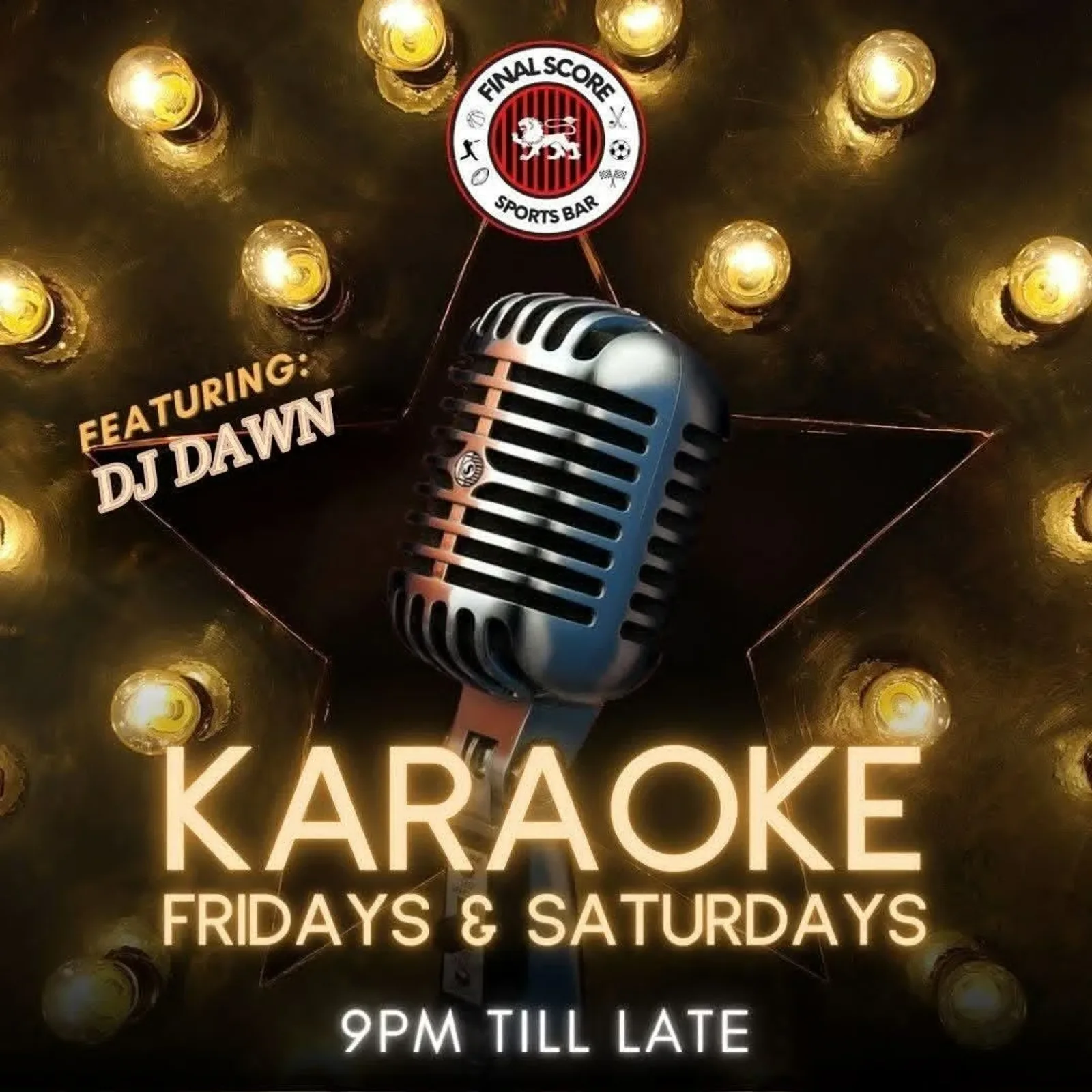Flyer für Friday Karaoke with KJ Dawn — im Final Score Sports Bar in Carleton Place, Kanada, Jeden Freitag um 21:00