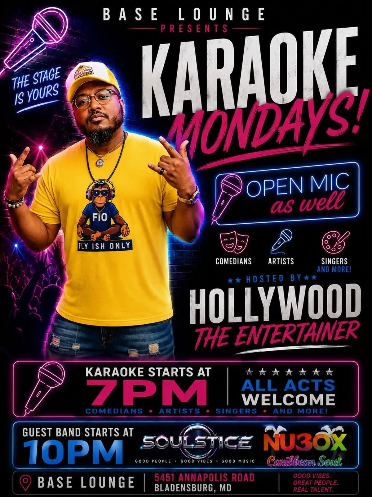 Flyer für Karaoke Montag mit Hollywood The Entertainer — im Base Lounge in Bladensburg, Vereinigte Staaten, Jeden Montag um 19:00