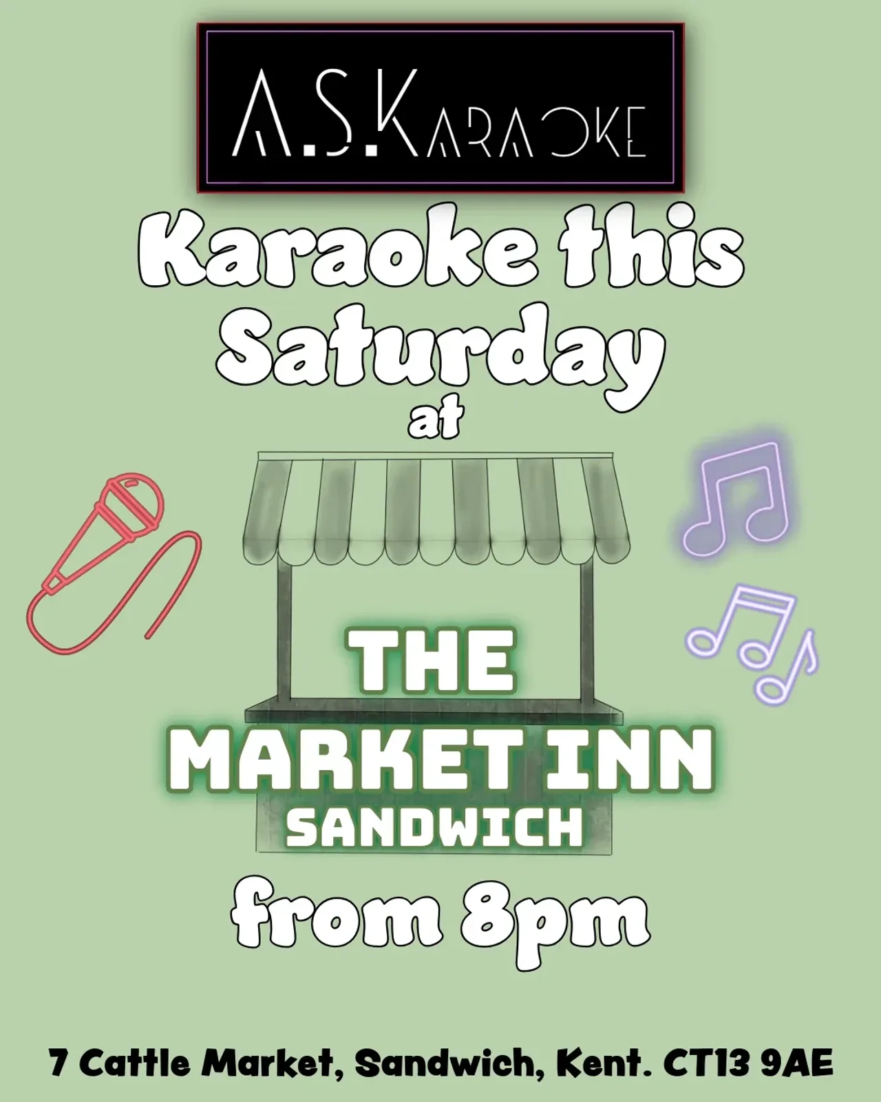 Ein Flyer für Karaoke @ The Market Inn mit A.S.Karaoke — im The Market Inn, eine Bar in Sandwich, Kent, Vereinigtes Königreich, 2. Samstag jedes Monats um 20:00