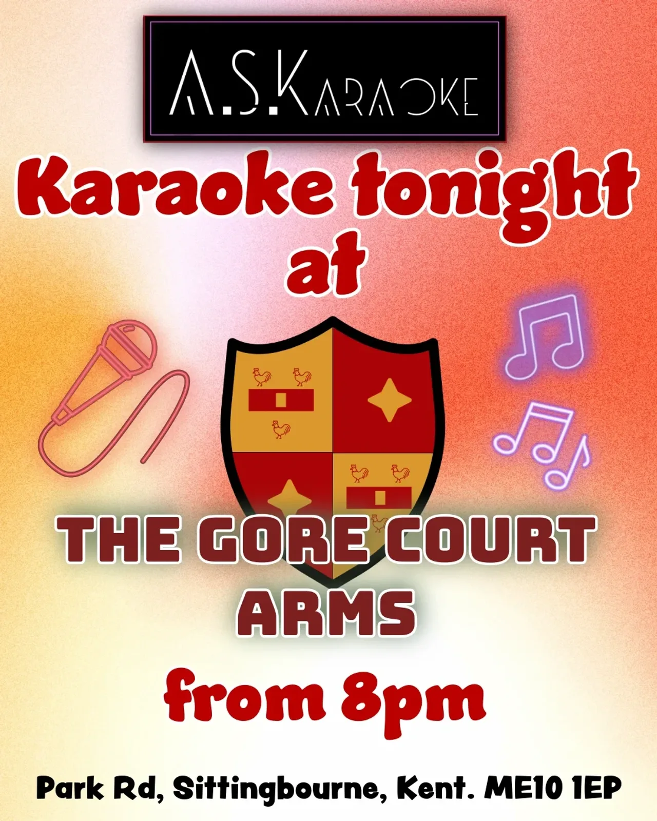 Ein Flyer für Karaoke @ The Gore Court Arms mit A.S.Karaoke — im The Gore Court Arms, eine Bar in Sittingbourne, Kent, Vereinigtes Königreich, Unregelmäßig · Quarterly um 20:00