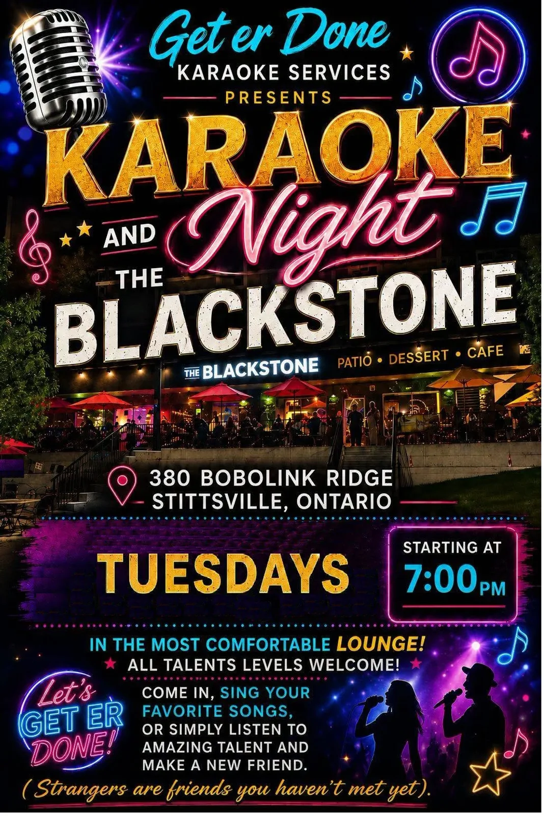 Cartel de Karaoke los martes con Get Er Done DJ & Karaoke Services — en The Blackstone - Stittsville, ON, un bar en Stittsville, ON, Canadá, Cada martes a las 19:00