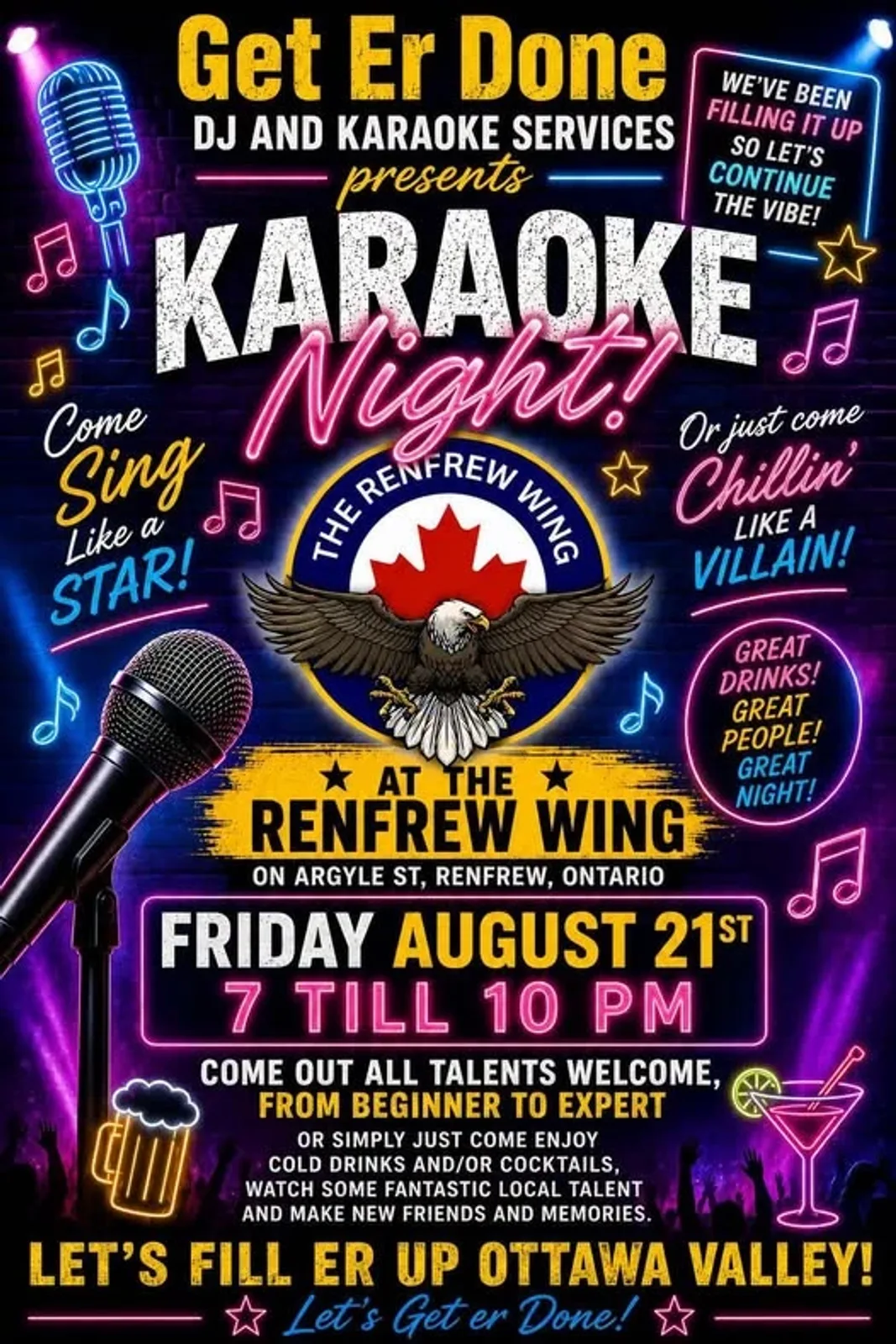 A flyer advertising Biweekly Friday Karaoke With Get Er Done DJ & Karaoke Services — at The Renfrew Wing, a bar in Renfrew, Canada, Every other Friday at 7:00 PM