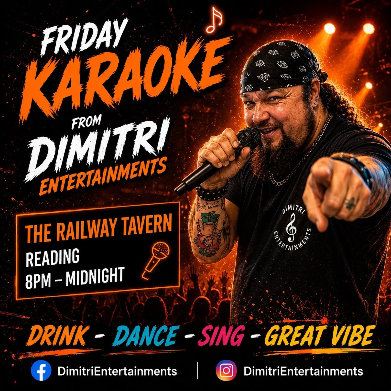 A flyer advertising Friday Karaoke With Dimitri Entertainments — at The Railway Tavern, a pub in Reading, Berkshire, United Kingdom, Every Friday at 8:00 PM