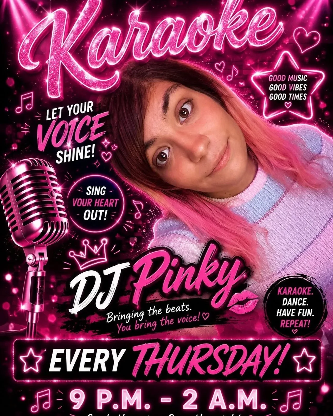 Un cartel que anuncia Karaoke los jueves con DJ Pinky — en Finnigan's Pub, un bar en Ottawa, Ontario, Canadá, Cada jueves a las 21:00