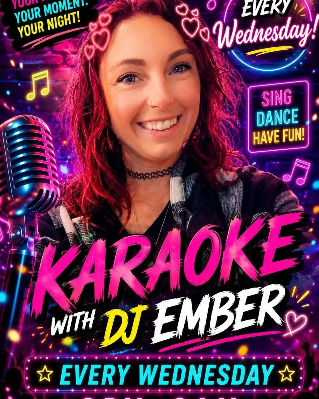 Une affiche annonçant Karaoké du mercredi avec DJ Ember — au Finnigan's Pub, un bar à Ottawa, Ontario, Canada, Chaque Mercredi à 21h00