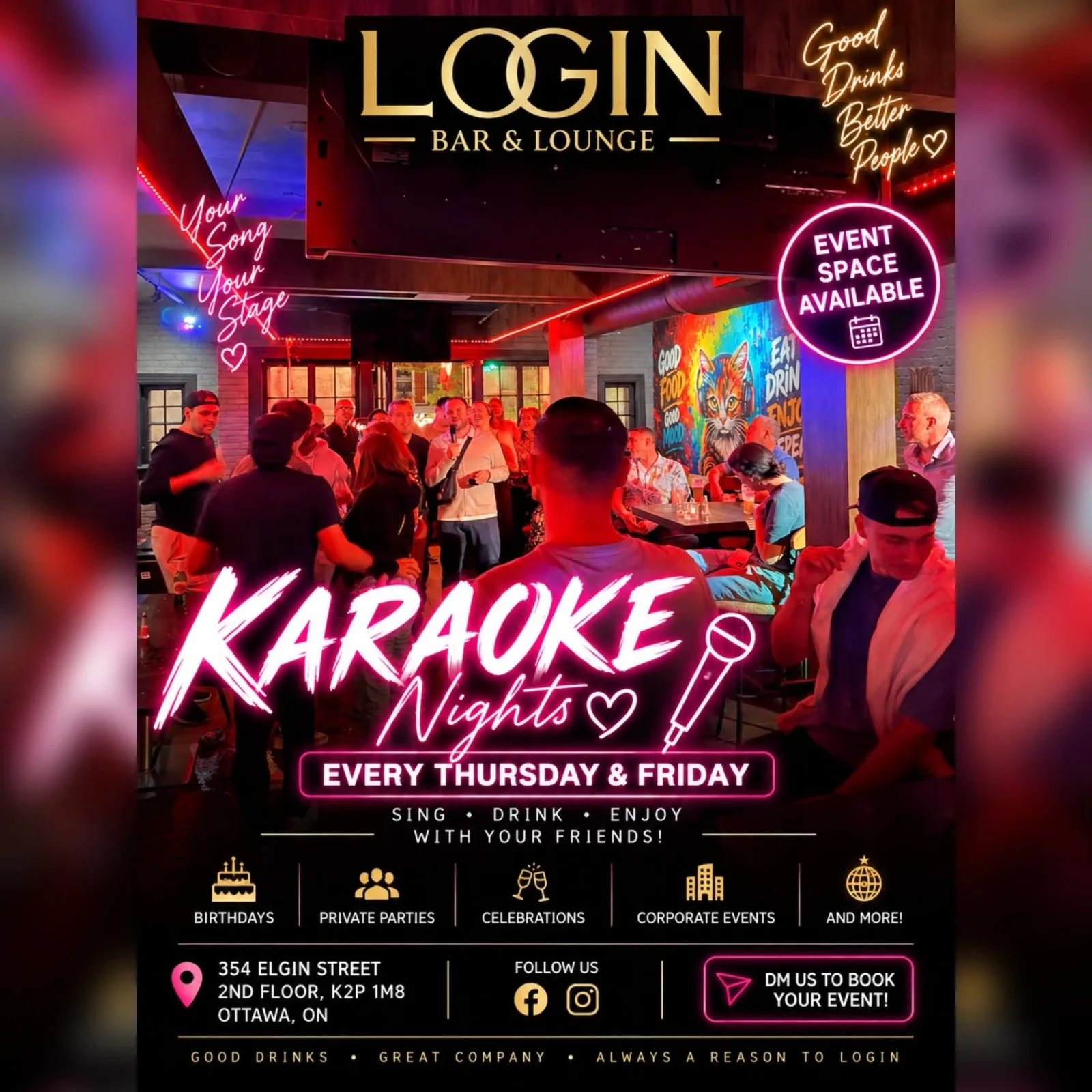 A flyer advertising Thursday Karaoke — at Login Bar & Lounge, a bar in Ottawa, Ontario, Canada, Every Thursday at 9:00 PM