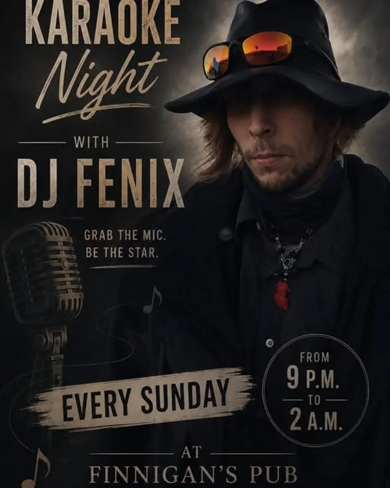 A flyer advertising Sunday Karaoke With DJ Fenix — at Finnigan's Pub, a bar in Ottawa, Ontario, Canada, Every Sunday at 9:00 PM