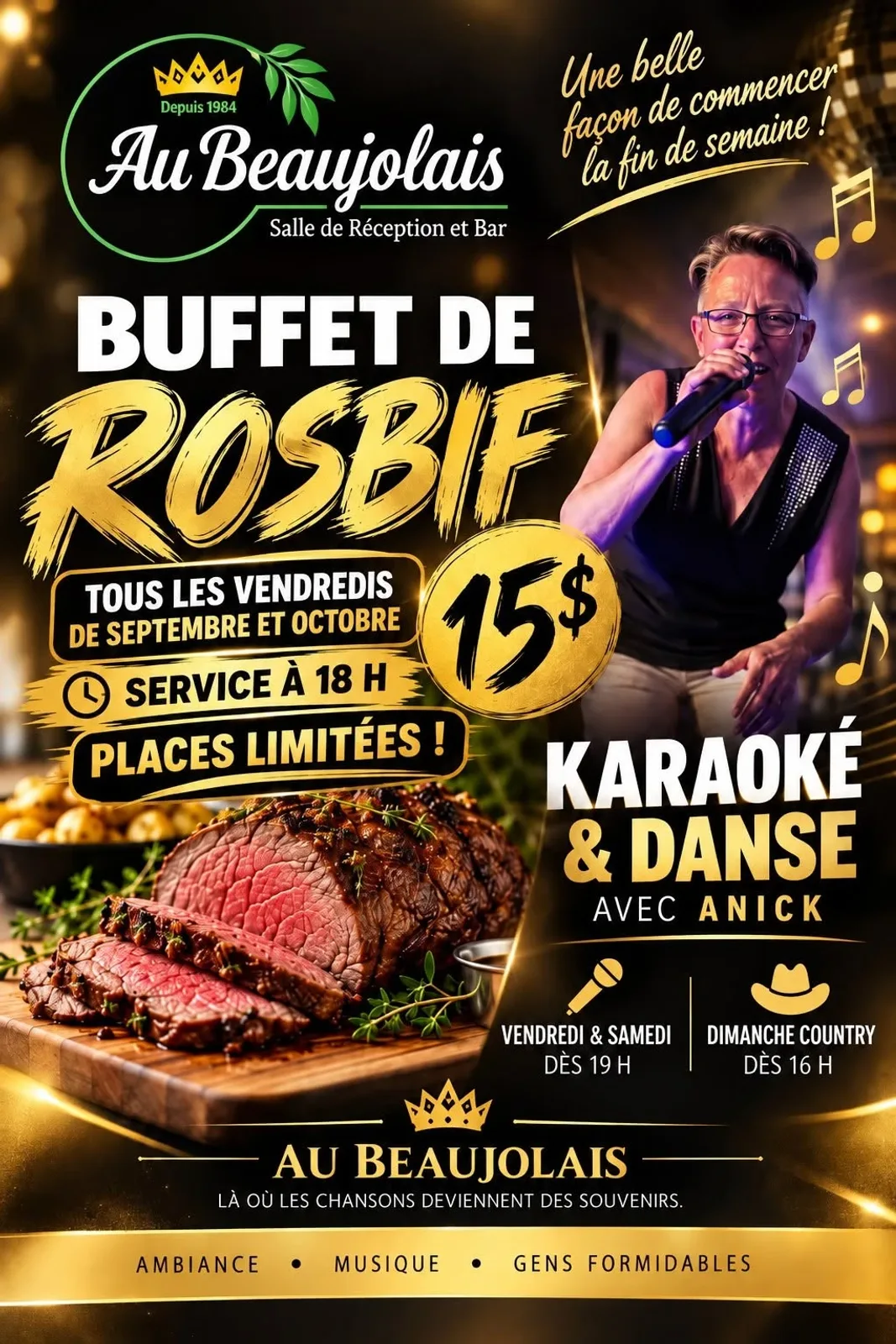 Un cartel que anuncia Vendredi Karaoke & Danse con Anick — en Au Beaujolais, un restaurante en Gatineau, Quebec, Canadá, Cada viernes a las 19:00