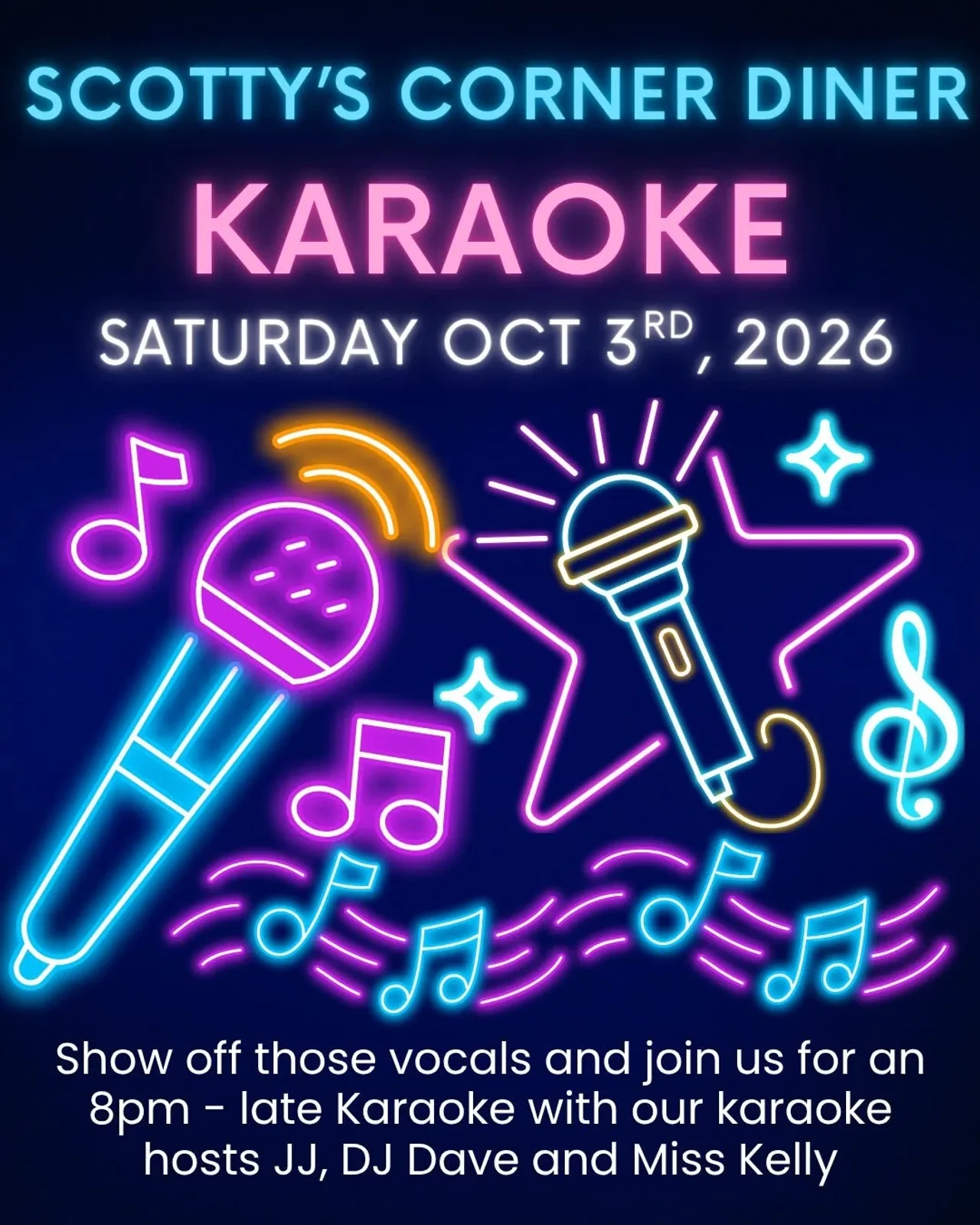 A flyer advertising Biweekly Saturday Karaoke With KJ Dave & Ms Kelly — at Scotty's Corner Diner, a restaurant in Ottawa, Ontario, Canada, on Sat, Oct 3 at 8:00 PM