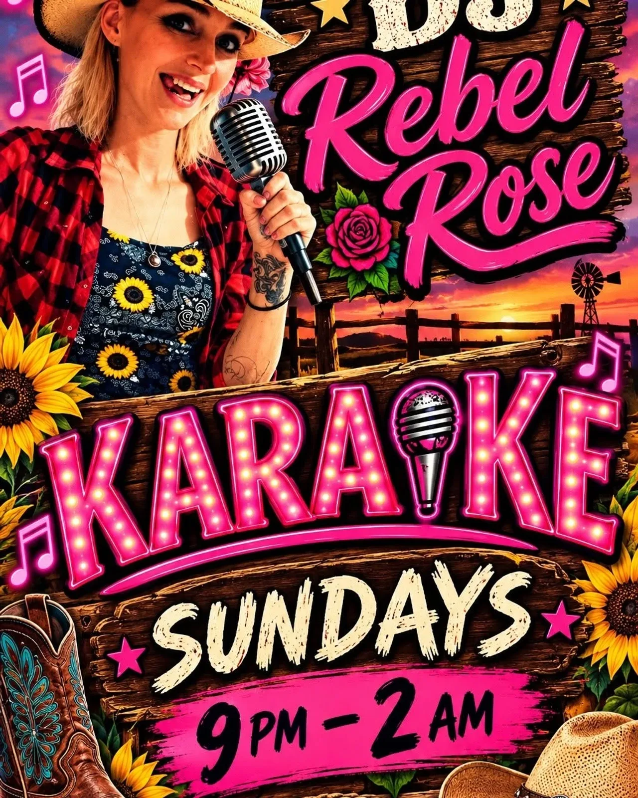 A flyer advertising Sunday Karaoke With DJ Rebel Rose — at Finnigan's Pub, a bar in Ottawa, Ontario, Canada, Every Sunday at 9:00 PM