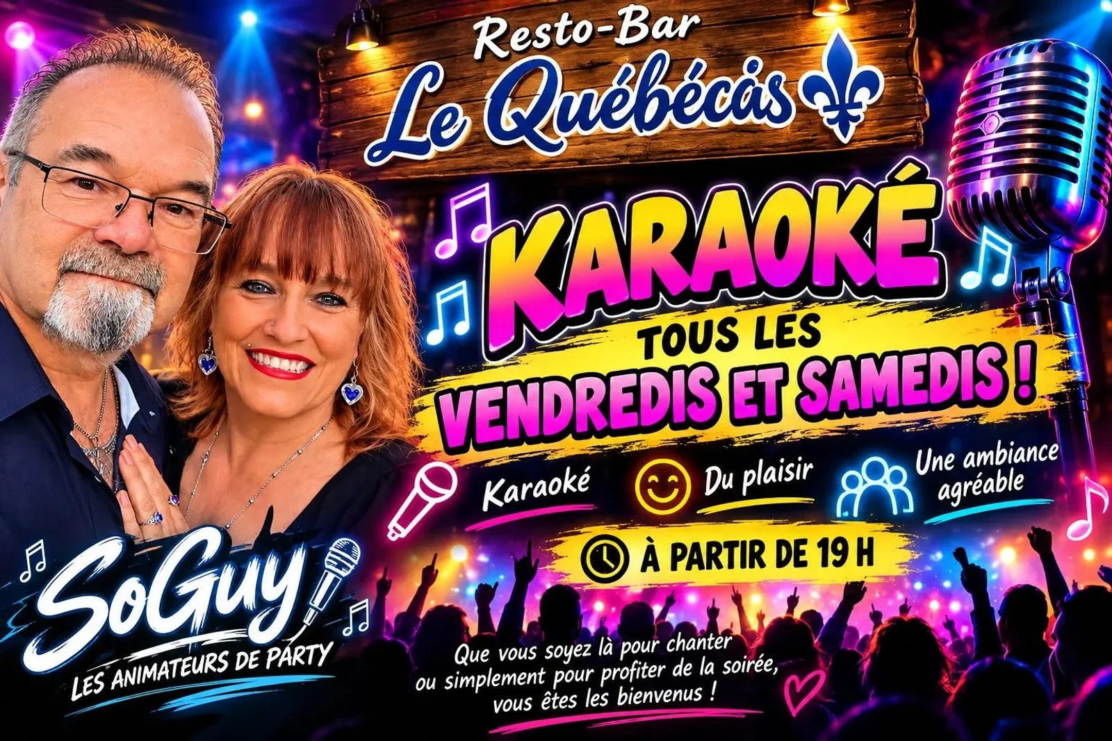 A flyer advertising Friday Karaoke With Karaoké Soguy — at Resto-Bar Le Québécois, a restaurant in Gatineau, Canada, on Fri, Oct 9 at 7:00 PM