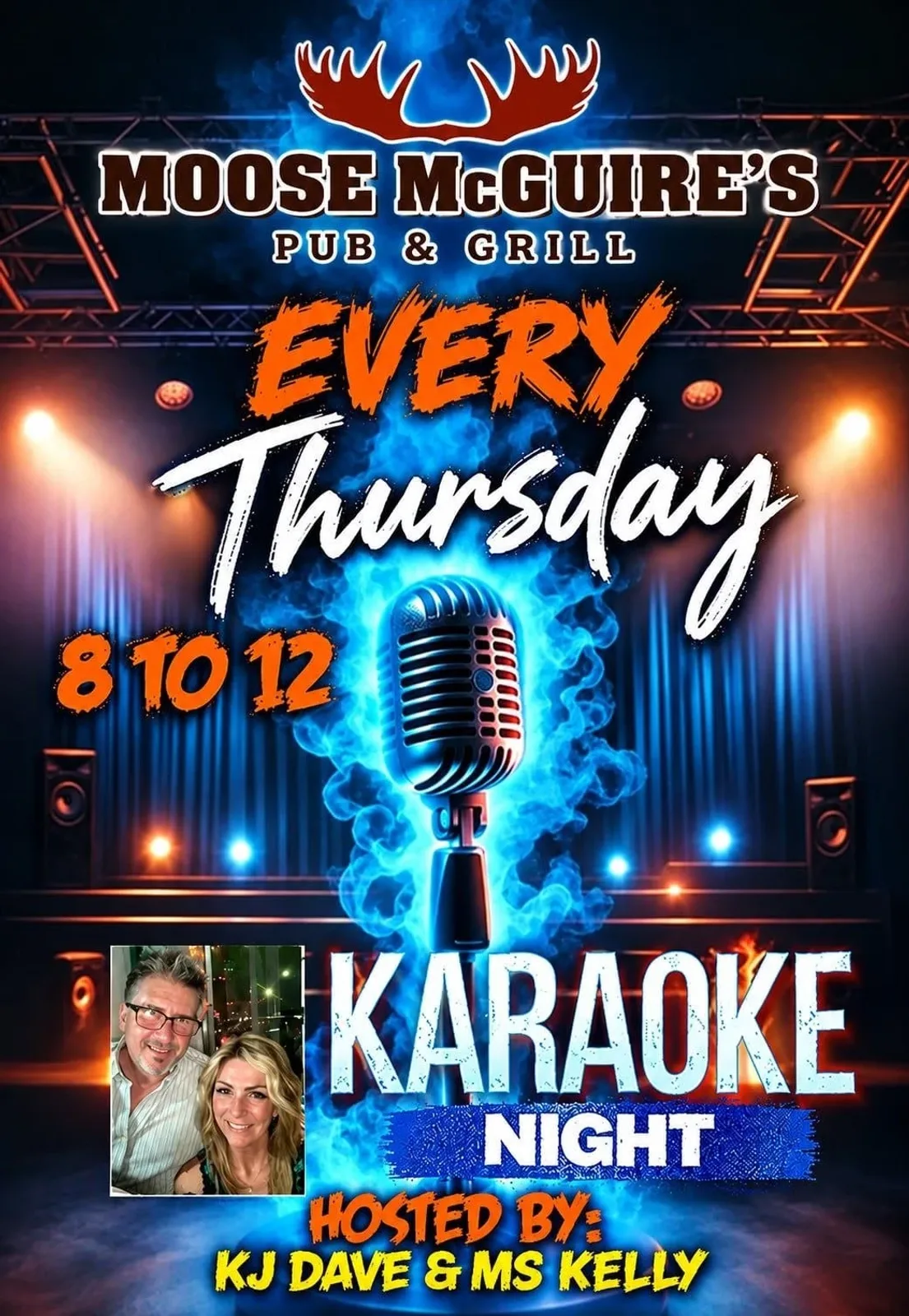 A flyer advertising Thursday Karaoke With KJ Dave & Ms Kelly — at Moose McGuires - Orleans, a restaurant in Orleans, Ontario, Canada, on Thu, Nov 5 at 8:00 PM