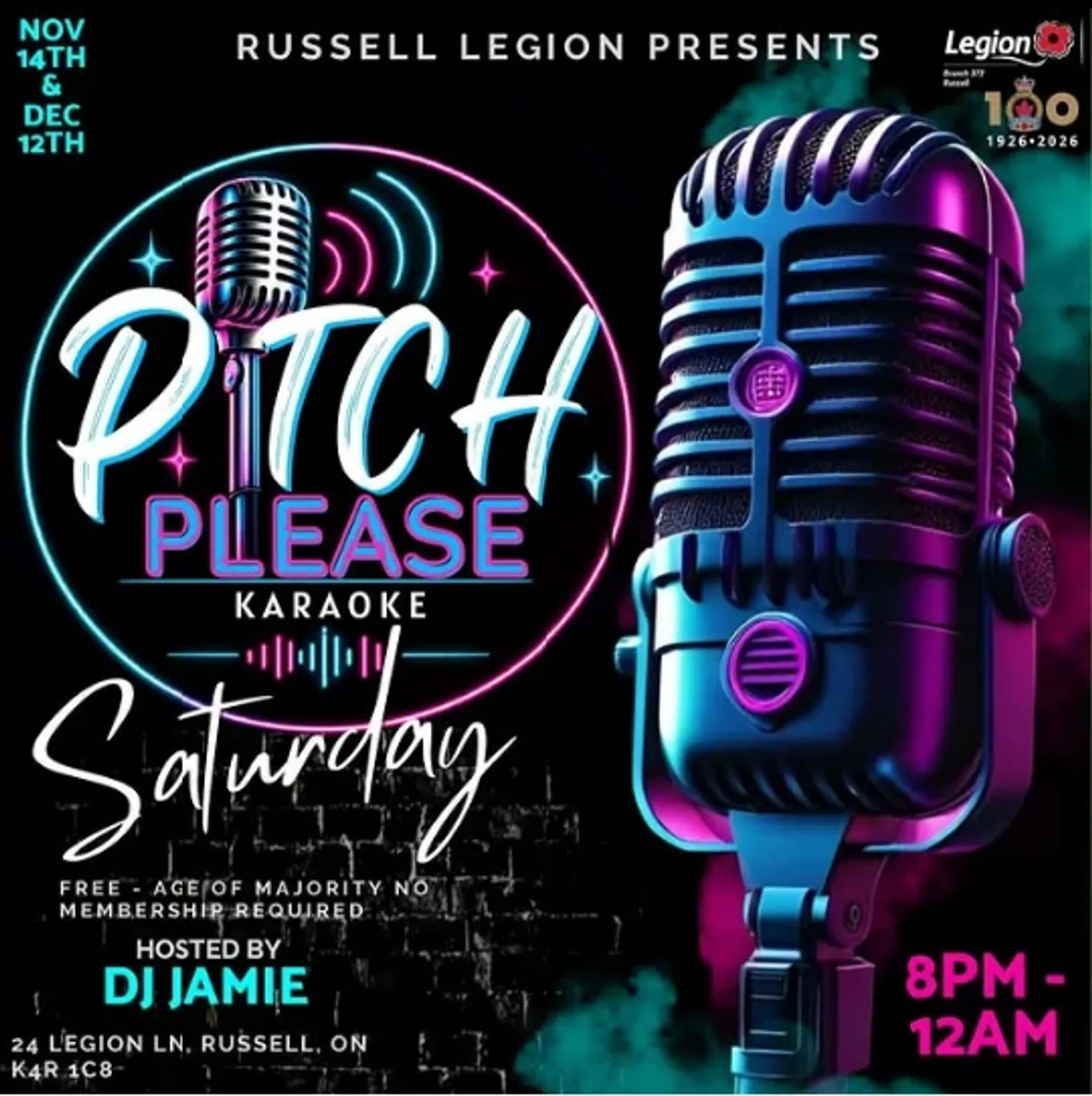 A flyer advertising Karaoke night With Pitch Please! Karaoke — at Royal Canadian Legion #372 - Russell, ON, a community space in Russell, Canada, on Sat, Nov 14 at 8:00 PM
