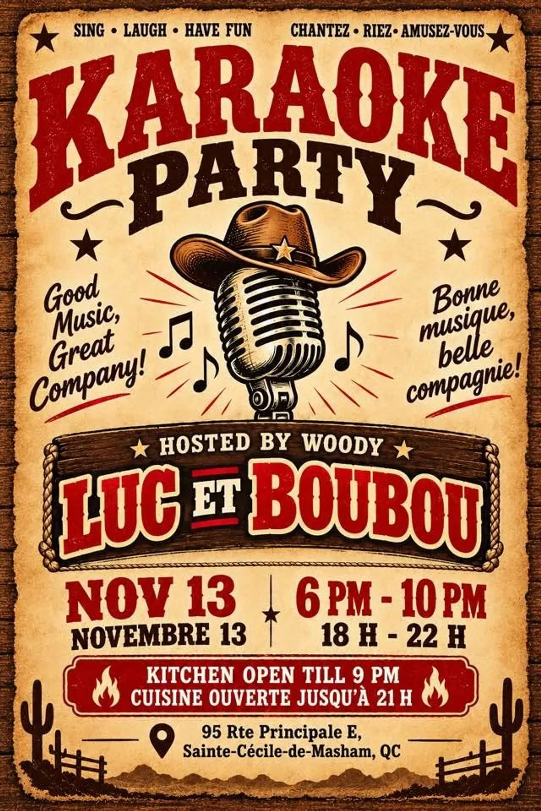 A flyer advertising Karaoke night With Karaoke by Woody — at Resto-Bar Luc et BouBou, a restaurant in Sainte-Cécile-de-Masham, Quebec, Canada, on Fri, Nov 13 at 6:00 PM