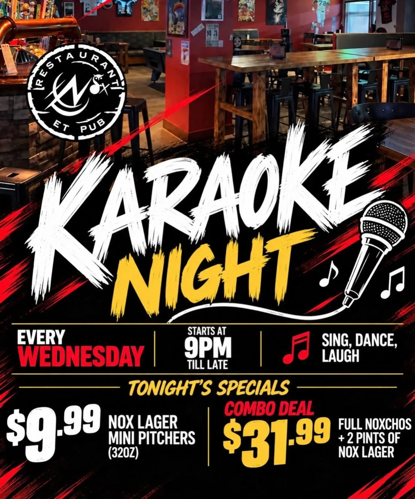 A flyer advertising Karaoke Kitchen Party — at NOX Eatery & Public House, a restaurant in Ottawa, Ontario, Canada, Every Wednesday at 9:00 PM