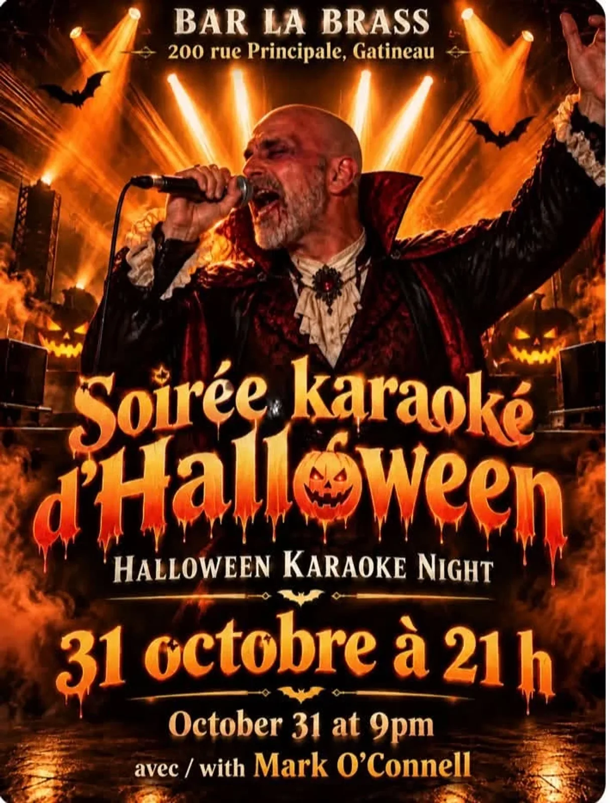 A flyer advertising Halloween Karaoke Night With Mark O'Connel — at Bar La Brass, a bar in Gatineau, Quebec, Canada, on Sat, Oct 31 at 9:30 PM