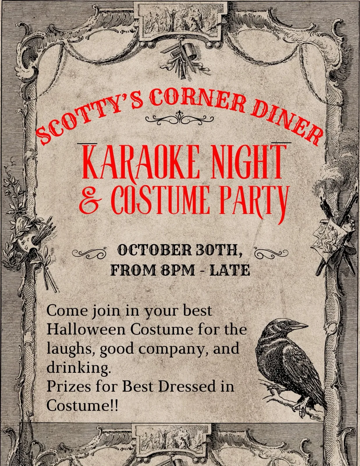 A flyer advertising Karaoke & Costume Party With KJ Dave & Ms Kelly — at Scotty's Corner Diner, a restaurant in Ottawa, Ontario, Canada, on Fri, Oct 30 at 8:00 PM