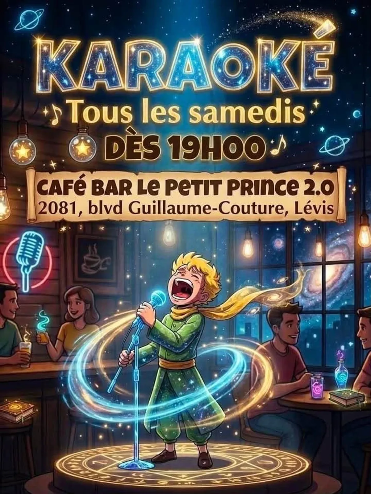 A flyer advertising Saturday Karaoke With David Dumas — at Bar Le Petit Prince, a bar in Lévis, Quebec, Canada, Every Saturday at 7:00 PM