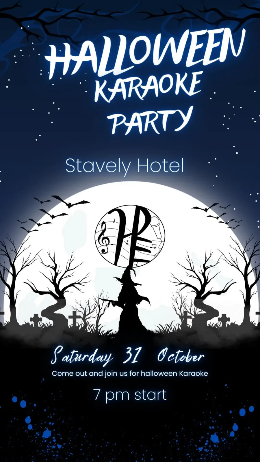 A flyer advertising Halloween Karaoke With HP Entertainment — at Stavely Hotel, a restaurant in Stavely, Alberta, Canada, on Sat, Oct 31 at 7:00 PM