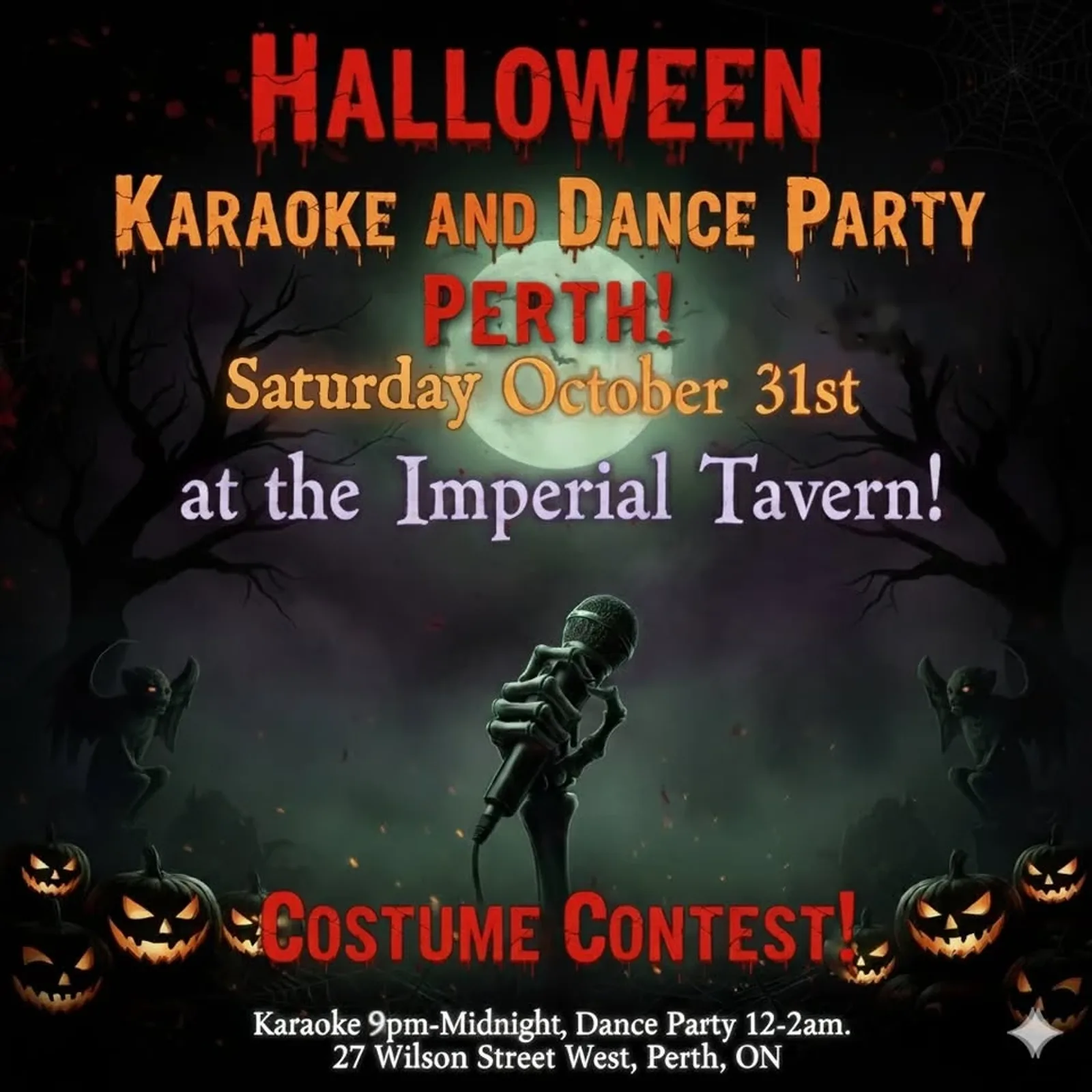 A flyer advertising Karaoke night With Karaoke in Perth — at The Imperial Tavern, a bar in Perth, Ontario, Canada, on Sat, Oct 31 at 9:00 PM