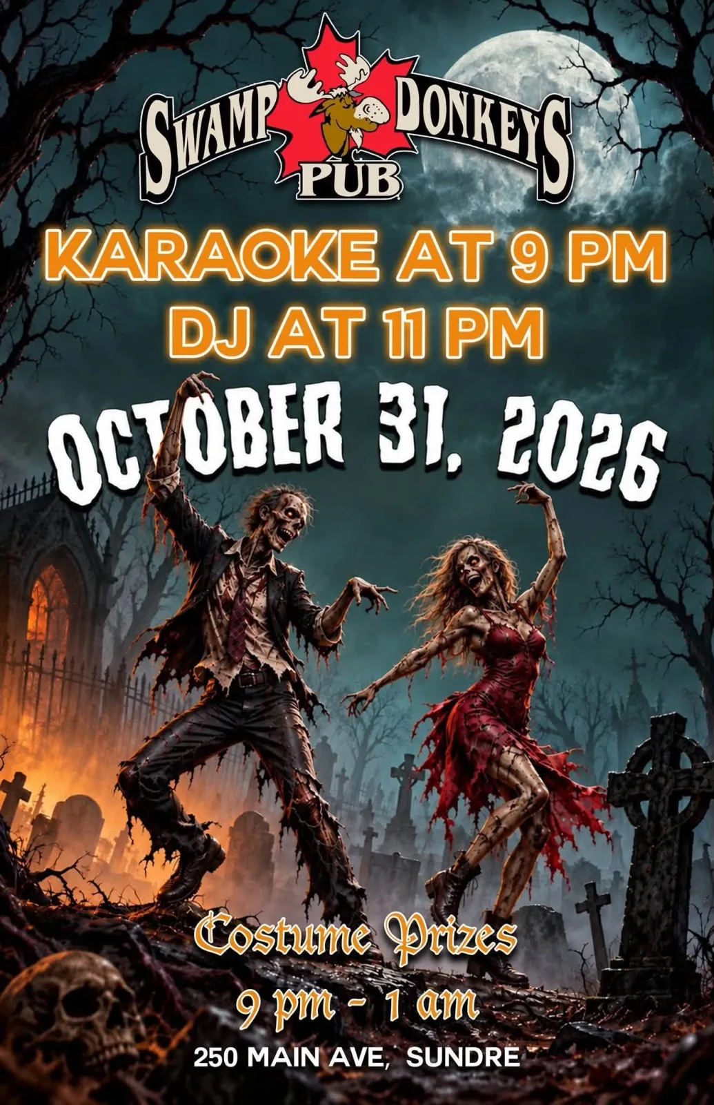 A flyer advertising Halloween Karaoke & Dance Party With Kiss Productions — at Swamp Donkey Pub, a bar in Sundre, Alberta, Canada, on Sat, Oct 31 at 9:00 PM